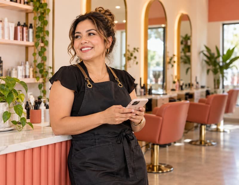 Una estilista revisa sus citas en un salón moderno